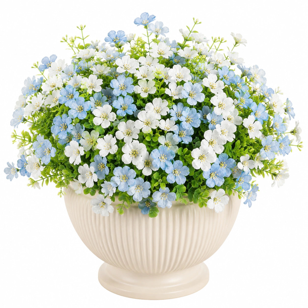 Planta Artificial de Flores Azules y Blancas en Maceta Blanca
