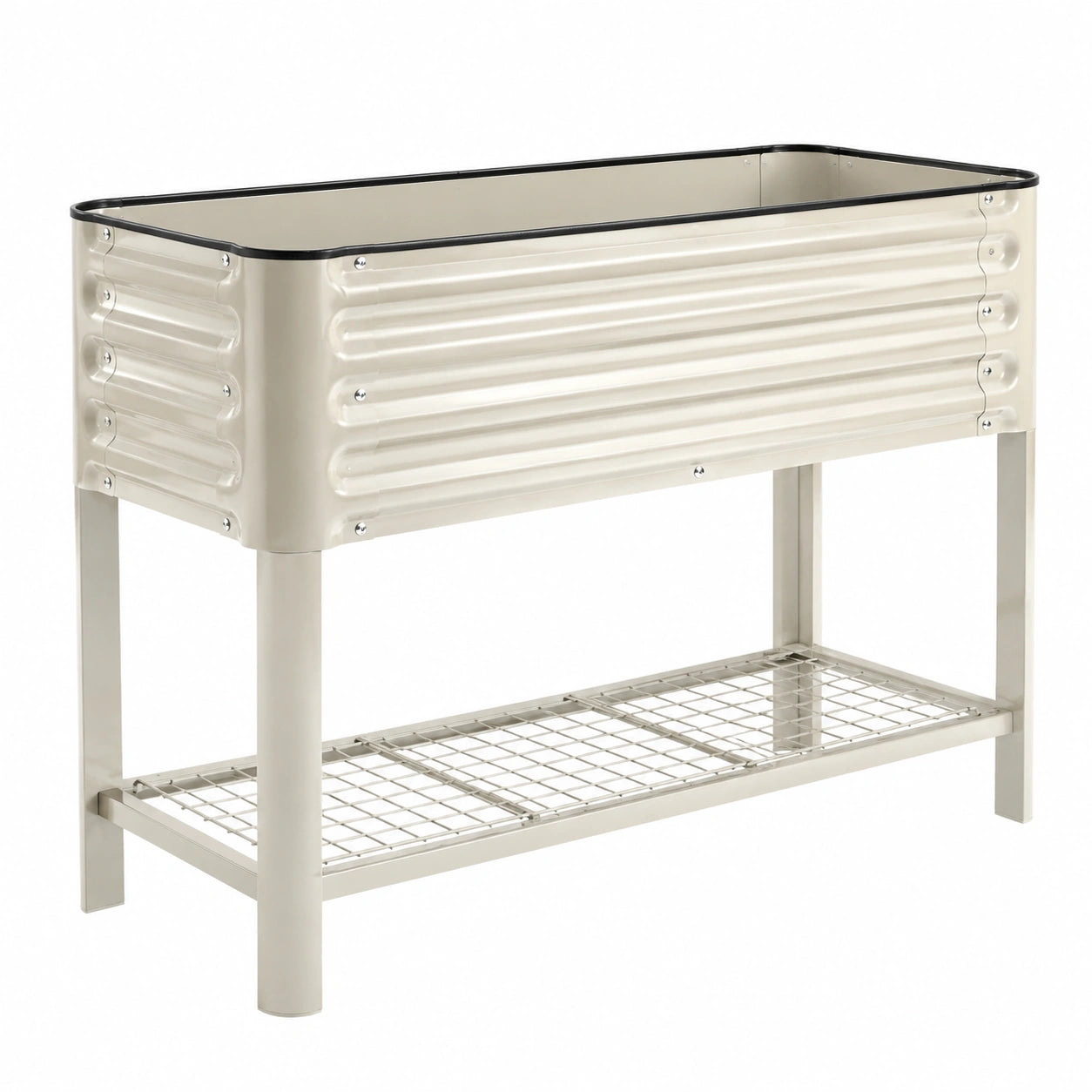 Jardinera elevada beige con estructura resistente y rejilla de drenaje