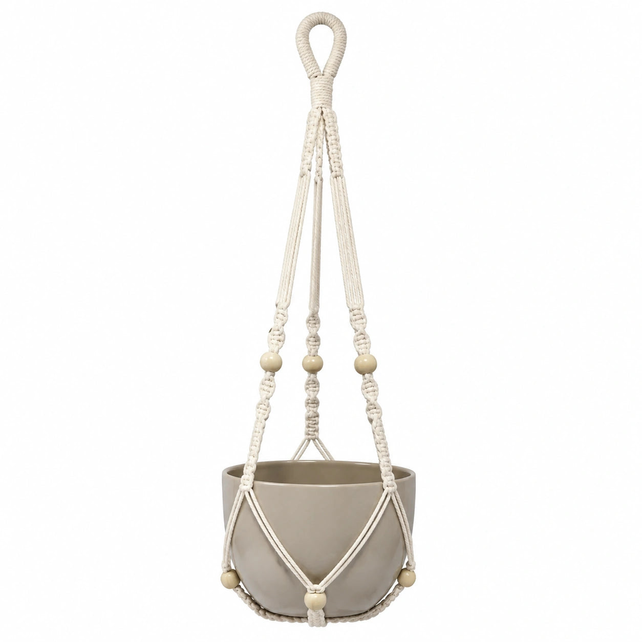 Macetero Colgante de Macramé Beige con Soporte Cerámico